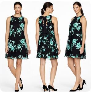 ICE Black Mesh Floral Embroidered Mini Cocktail Dress Teal Keyhole Back Bow